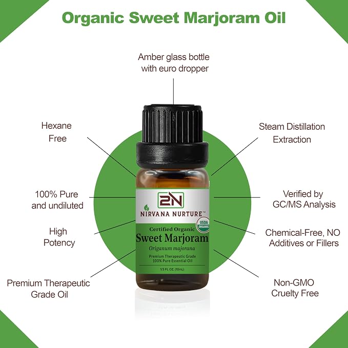 Sweet Marjoram Essential Oil, USDA Certified Organic, 100% Pure Undiluted, Aromatherapy Oil for Diffuser, Hair & Skin Care