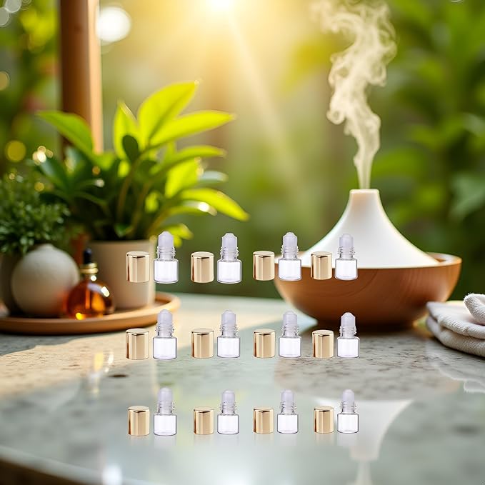 12 Pcs Gold 1ml Mini Glass Roll on Bottles Roller Refillable Essential Oil Aromatherapy Sample Vials Roller Bottles Container