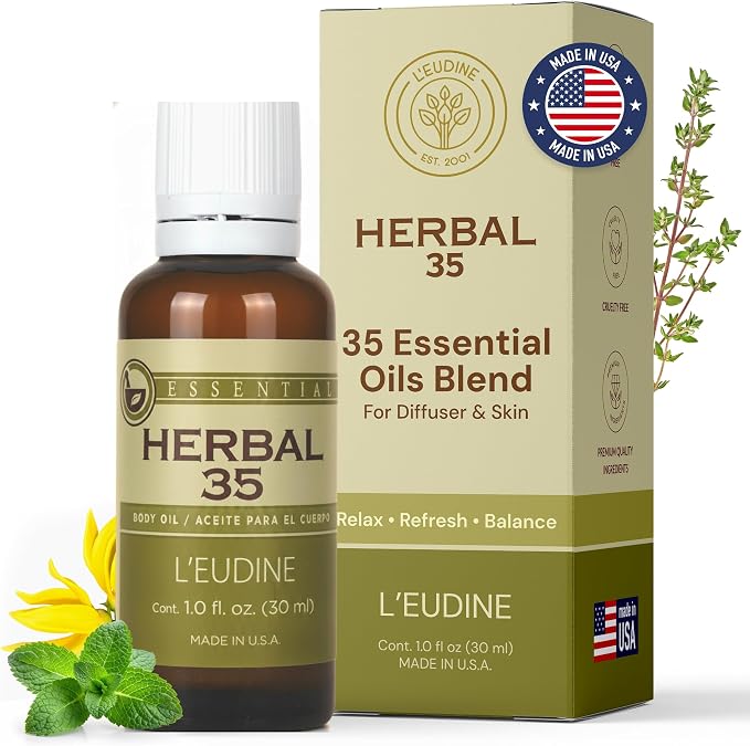 L’EUDINE Herbal 35 Essential Oil Blend - 35 Natural Extracts with Peppermint, Eucalyptus & Lavender - Relaxing Aromatherapy Oil for Diffuser, Massage & Stress Relief - Vegan & Pure Wellness, 1 Fl Oz