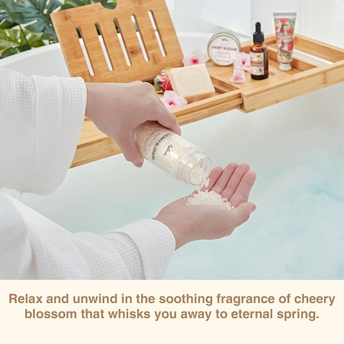 BFFLOVE Gift Set for Women - 5pcs Cherry Blossom Spa Gifts for Women, Birthday, Anniversary, Mother's Day Gifts for Her with Massage Oil, Scented Candle, Bath Salts, Hand Cream