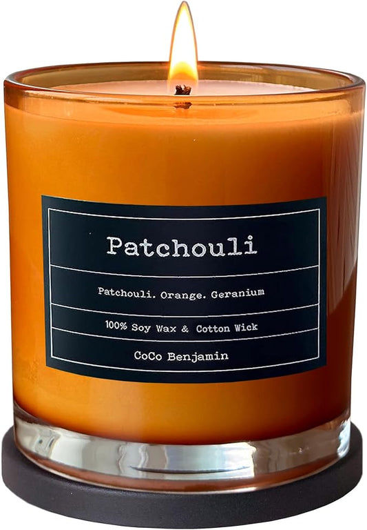 100% Natural Soy Wax Candle by CoCo Benjamin - Highly Scented & Hand-Poured Luxury Candle (Patchouli)- Clean Burning Cotton Wick