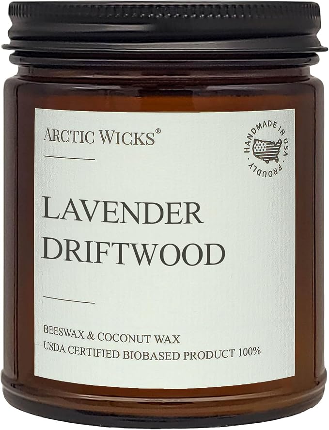 Arctic Wicks Scented Coconut Beeswax Candles | Coconut Beeswax Non Toxic Candle 9oz Amber | Farmhouse Candles Non-Toxic Clean Burn 100% USDA Certified Biobased (Lavender Driftwood)