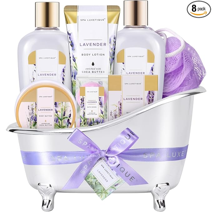 spa luxetique Spa Gift Baskets for Women, 8 Pcs Lavender Lotion Set with Bubble Bath, Shower Gel, Birthday Anniversary Self Care Kit for Her, Mothers Day Gifts for Mom
