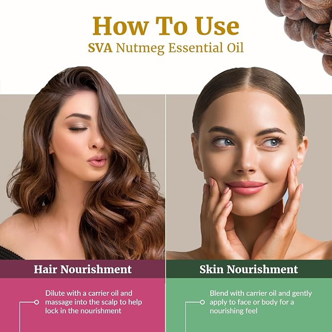 SVA Nutmeg Essential Oil – 1/3 Fl Oz – 100% Natural Nutmeg Oil - for Diffuser, Hair Care, Face, Skin Care, Aromatherapy, Scalp and Body Massage, Soap and Candle Making