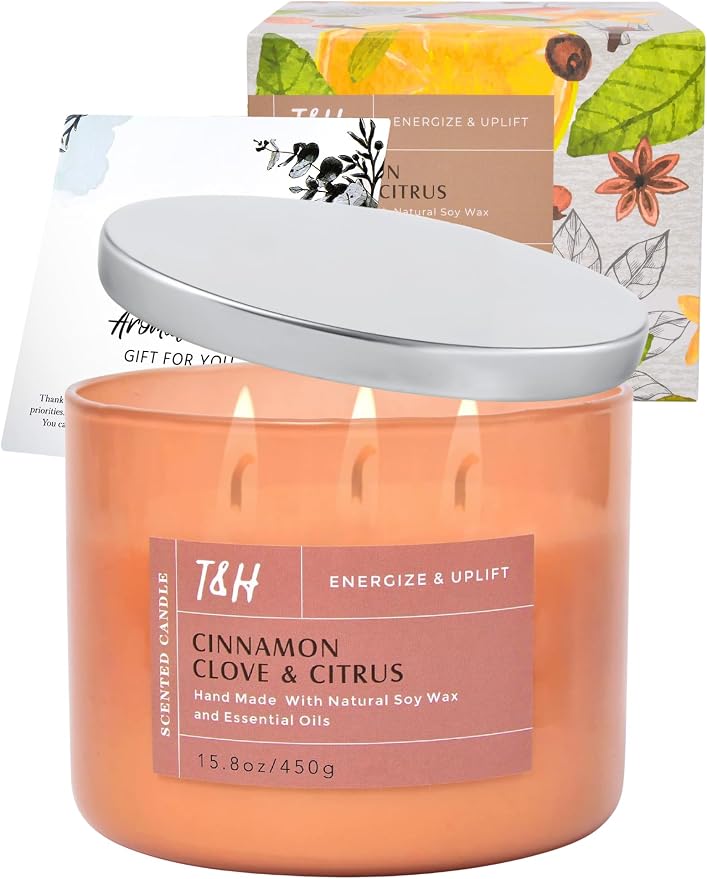 Cinnamon Clove Citrus 3-Wick Soy Candle | 15.8 oz Large Scented Candle for Home | Clean Burn Long Lasting | Spiced Lemon Lime Scent | Gift Ready