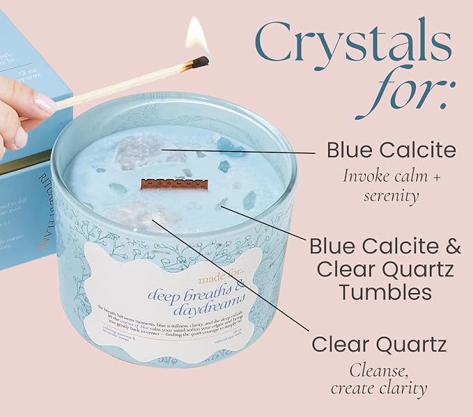 Blue Crystal Candle for Women – 12oz Large Luxury Soy Wax with Crackling Wood Wick, Slow Burn Meditation with Healing Crystals, Birthday or Mother’s Day Gift