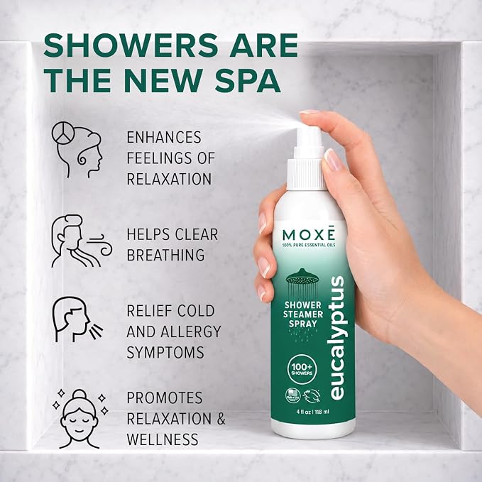 MOXĒ Eucalyptus Oil Shower Mist, Spa Steam Spray, Certified Natural 100% Essential Oils, Made in USA, Aromatherapy, Sinus Congestion Relief, Tension Relief, 4 Ounces
