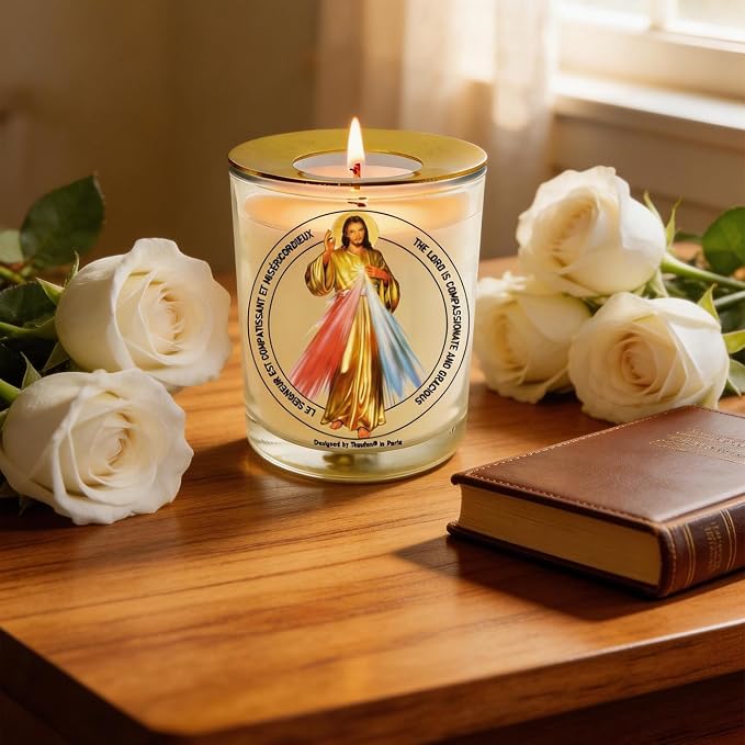 Divine Mercy Prayer Candle 50 Hours│Hand-Poured Natural Soy Wax│Infinite Love, Forgiveness, and Mercy for All People, Salvation and Grace, Jesus I Trust in You│Design in Paris│3“×3.6”