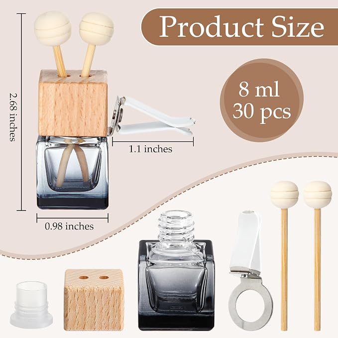 Zubebe 30 Pcs Car Diffuser Bottles Empty Bulk Vent Clip Car Air Freshener Diffuser for Essential Oil Perfume Glass Bottle with Wooden Caps Stick Fragrance Ornament (Gradient Black)