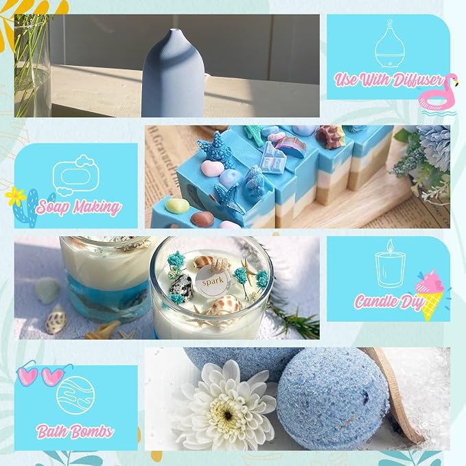 Summer Essential Oil Set for Diffusers for Home Premium Fragrance Oils - Includes Watermelon, Coconut, Ocean Breeze, Plumeria, Vanilla Ice Cream & Pina Colada, Candle Making Scents, 6X10ml