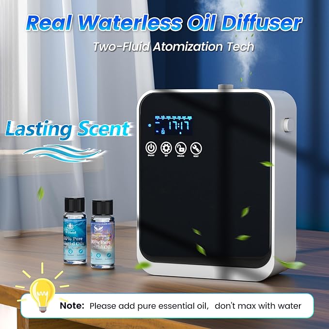 Waterless Essential Oil Diffuser,Whole House Oil Air Diffusers for Home,Hotel,Aromatherapy Scent Diffuser with APP Control & Touch Screen,1500 sq.ft Coverage,Adjustable Level & Auto Timer,Quiet,Black