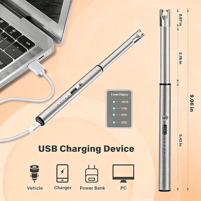 Electric Candle Lighter Windproof USB Rechargeable Flameless Long Neck Lighter for Candles Gas Stove Fireplace BBQ Kitchen Grills (Stainless Steel)