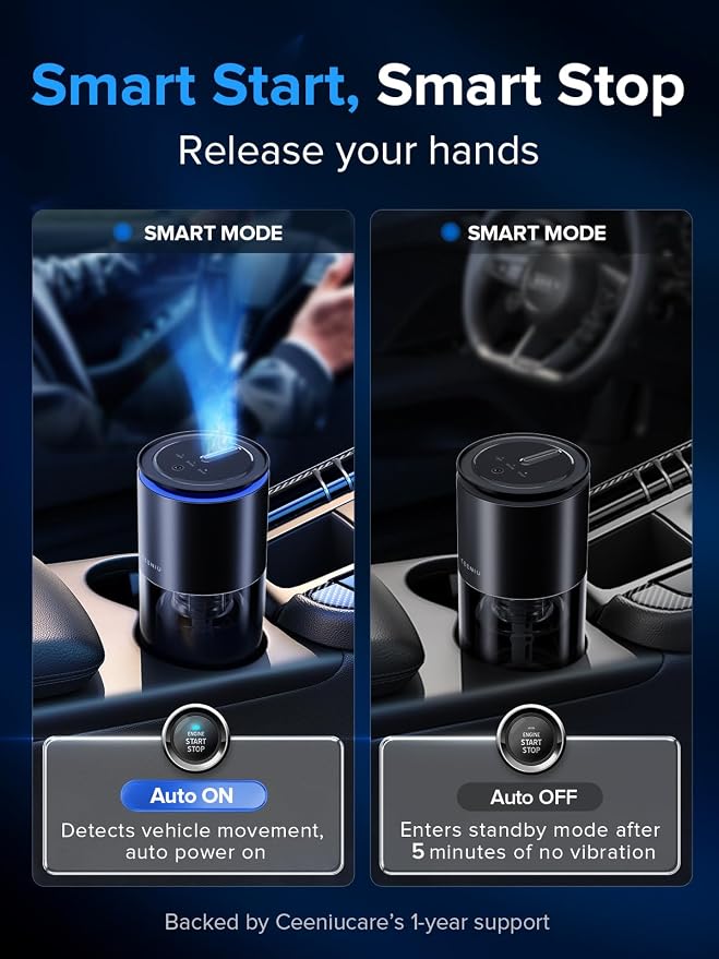 Ceeniu Smart Car Air Freshener, New Car Smell Scent, Enlarged Spray Nozzle, Advanced Ultrasonic Diffuser CF12 Pro, Auto On/Off, Adjustable Mode, 60-Day Powerful Battery, Ambient Light, Lasts 4 Months