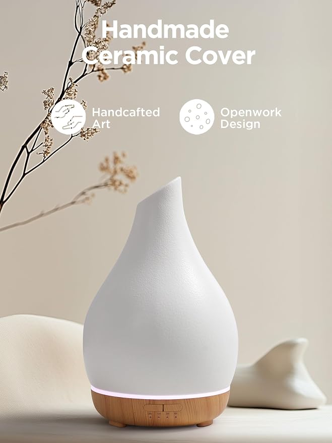 InnoGear Essential Oil Diffuser, 300ml Ceramic Diffuser for Home Handcrafted Stone Aromatherapy Diffusers Ultrasonic Cool Mist Humidifier Vaporizer 4 Timers, White Vase-Shaped Ceramic, Large