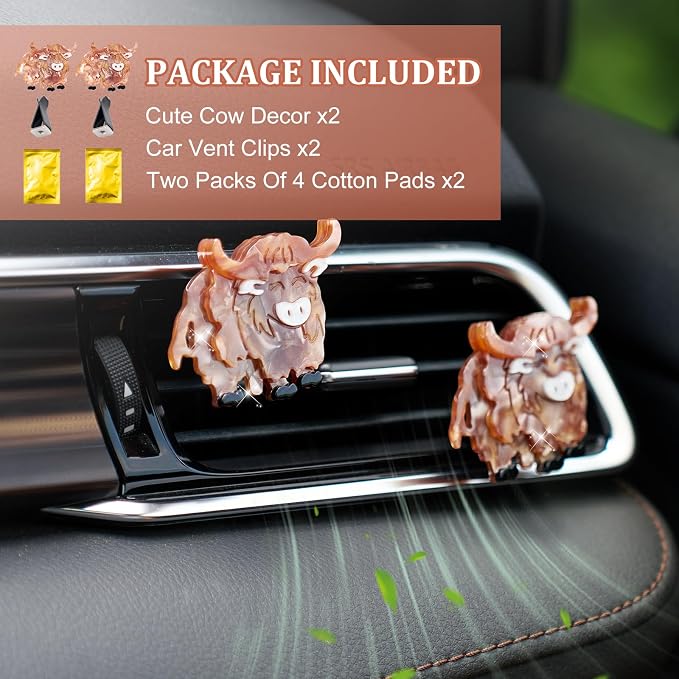 Rislobx Cute Highland Cow Air Freshener Vent Clip, 2PCS Car Vent Clips Decor, Air Diffuser Clips, Highland Cow Car Interior Decor Accessories
