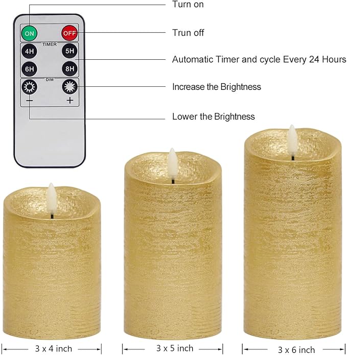 ANGELLOONG Gold Flameless Candles with Remote, Real Wax Battery Operated Electir LED Pillar Candles with Timer for Valentines Wedding Party Home Decor Halloween Christmas, Set of 3