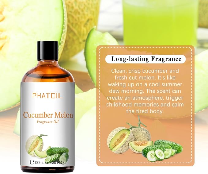 PHATOIL 3.38FL.OZ Cucumber Melon Fragrance Oils for Aromatherapy, Essential Oils for Diffusers for Home, Perfect for Diffuser, Yoga, Skin Care, DIY Candle and Soap Making - 100ml