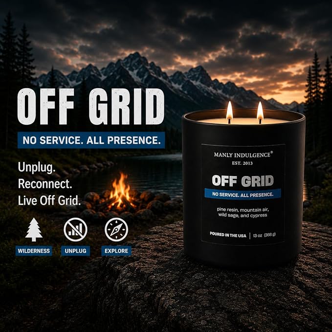 Manly Indulgence Off Grid Scented Candle, 2 Wick, 13 oz, Premium Soy Blend Wax, Candles for Home Scented - Made in The USA