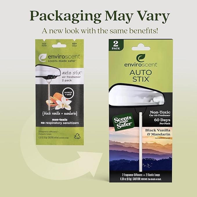 Enviroscent Non-Toxic* Car Air Freshener Auto Stix® - Scents Made Safer - Enjoy Fragrance Lasts Up to 480 Days - Includes Auto Stix® Diffusers & Elastic Loops - Black Vanilla & Mandarin (Pack of 8)