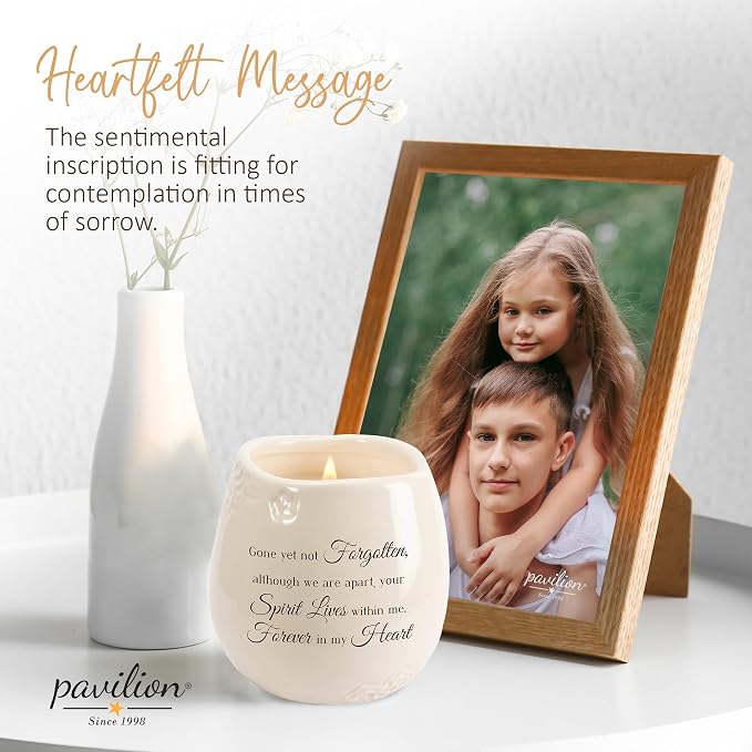 Pavilion - 8 Oz Candle Holder - White Ceramic Candle Jar with 100% Soy Wax Candle Tranquility Scent Gone Yet Not Forgotten Ideal Remembrance Gift for Love One Who Passed - Printed Text & Love Theme