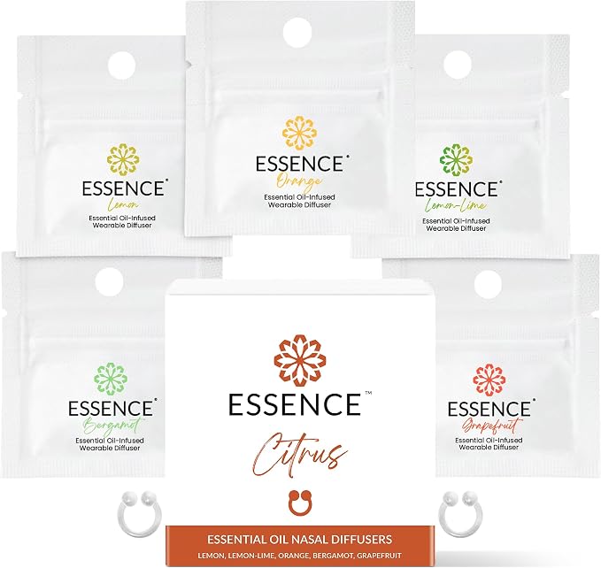 Essence Nasal Diffuser Citrus Bundle – Essential Oil Silicone Nose Rings for Mood, Energy & Positivity – Wearable Aromatherapy Pack with Lemon, Orange, Grapefruit & Bergamot