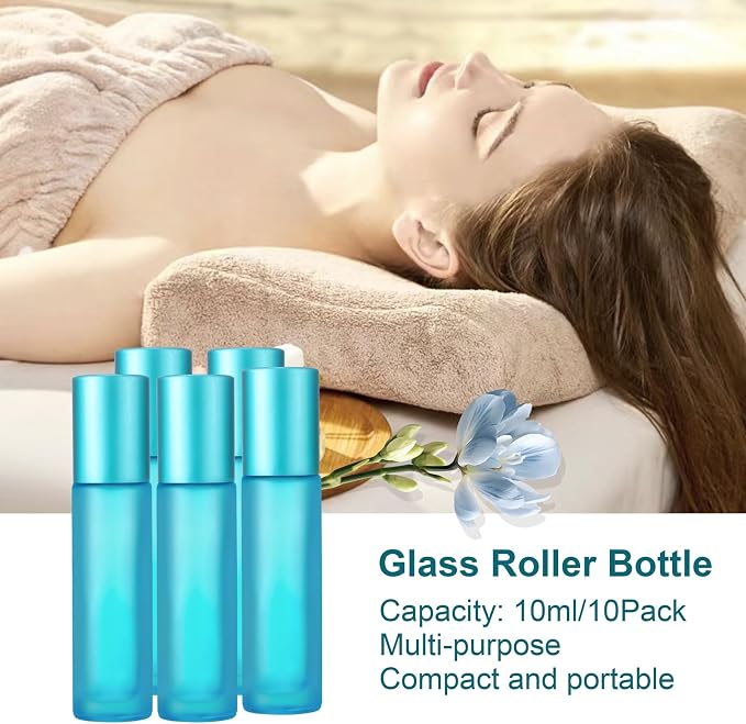 Glass Roller on Bottle, 10ml Refillable Essential Oil Bottle with Stianless Steel Ball, Pack of 10 (Light blue)