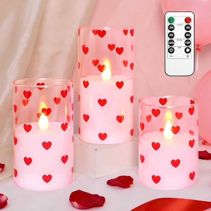Love Flameless Candles with Remote Timer, Glass Battery Operated Candles, Pink Spray-Painted Heart LED Candles for Home Party Wedding Valentine's Day Decor Set of 3