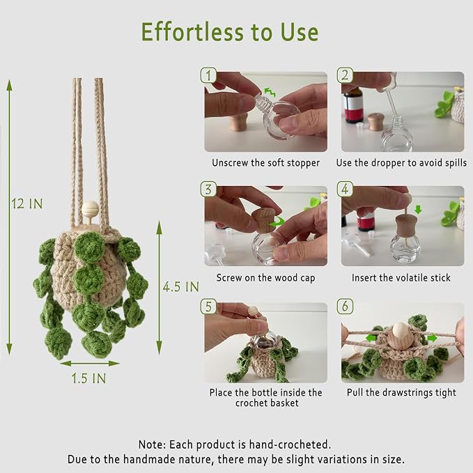 Crochet Car Essential Oil Diffuser, 10ml Refillable Essential Oil Bottle with Hanging Crochet Green Plant Ornament for Car Rear View Mirror, Home Office Air Freshener Decor