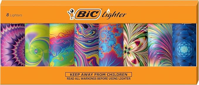 BIC Maxi Pocket Lighters, Safe and Reliable Cool Lighters, Psychedelic Patterns Collection, 8-Pack