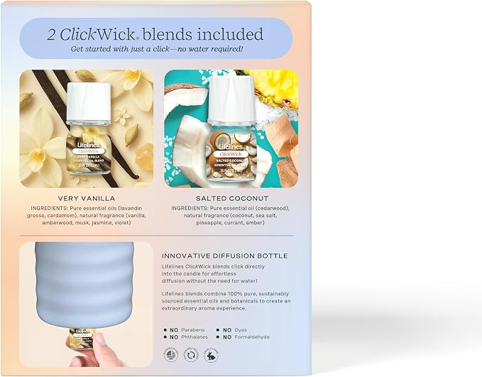 Lifelines Flameless Candle Aromatherapy Essential Oil Diffuser with 2 ClickWick Essential Oil Blends - Cordless & Waterless Diffuser for Home - Scented Electric Candles Blow Out Flame - Periwinkle