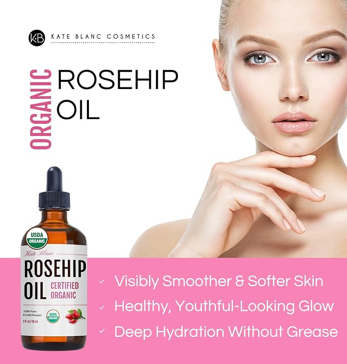 Kate Blanc Cosmetics Rosehip Oil for Face & Softer Glowing Skin (1oz, Organic, 100% Pure, Cold Pressed) Rosehip Seed Face Oil for Facial & Gua Sha Massage (Pack of 2)