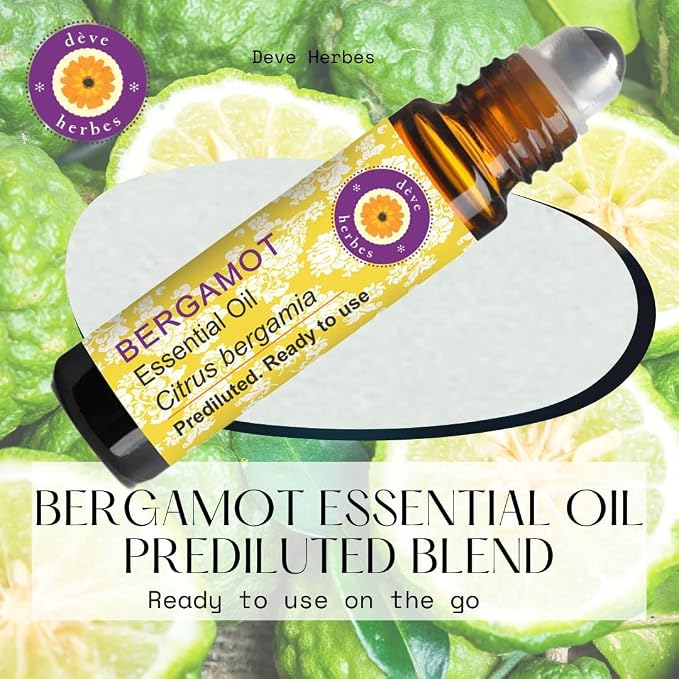 Deve Herbes Bergamot Essential Oil (Citrus bergamia) Pre Diluted Ready to Use Roll-on Blend for Aromatherapy and Topical Skin Application for Kids and Adults 10ml (0.33 oz)