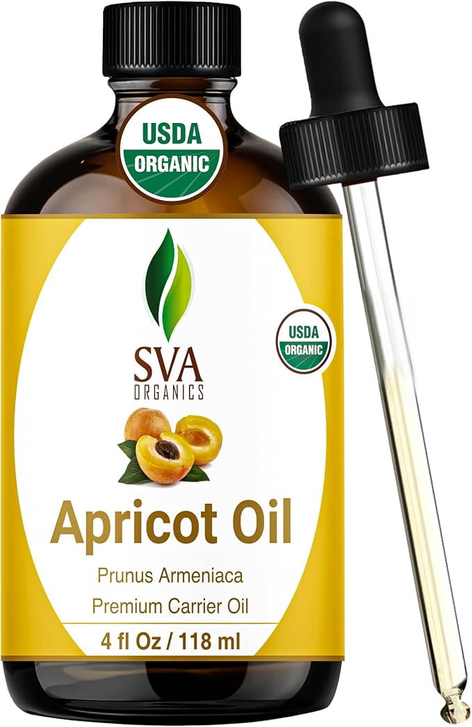 SVA Apricot Seed Oil Organic - 4 Fl Oz – 100% Natural Cold Pressed Organic Apricot Oil - for Face, Skin Care, Hair Care, Scalp Massage & Body Massage – Carrier Oil with Dropper