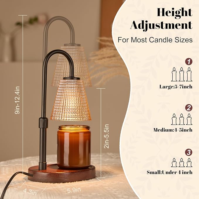 Premium Candle Warmer Lamp with Timer Dimmer-Height Adjustable Wax Melter Suitable for Any Jar Candle, Flameless Heater with Wood Base & Amber Glass,New Home Gifts for Women Mom Daughter Friend