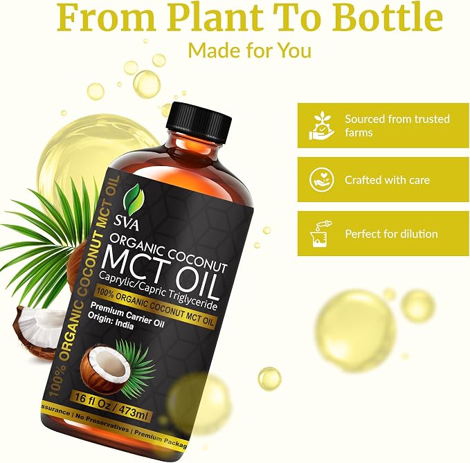 SVA MCT Oil Organic - 16 Fl Oz – 100% Natural Cold Pressed Organic MCT Oil - for Face, Skin Care, Hair Care, Scalp Massage & Body Massage – Carrier Oil