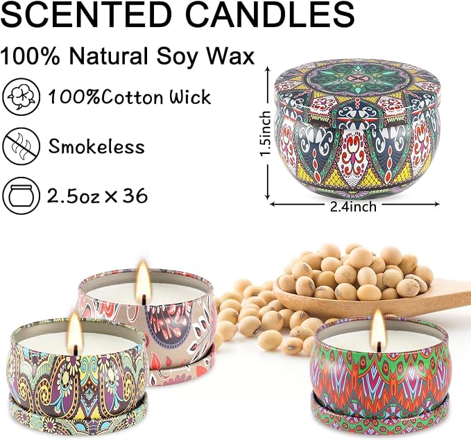 36 Pack Scented Candles Set for Home, Relaxing Stress Relief, Aromatherapy - Natural Soy Wax and Fragrance - Gifts for Women, Mom, Best Friend, Wife, Birthday