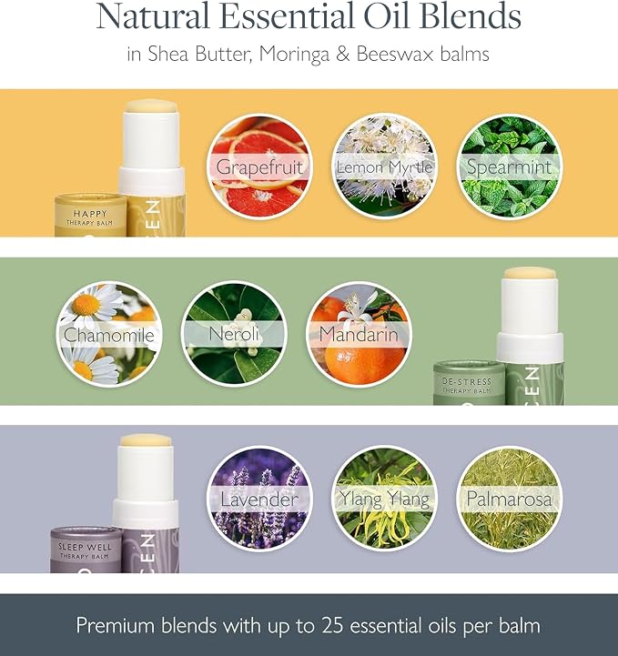 Scentered Aromatherapy Balm Gift Set - Positive & Relaxed - Pack of 3 Balms: Happy, De-Stress, Sleep Well - Lavender, Cedarwood, Rosemary Essential Oil - Mindfulness Gifts for Women