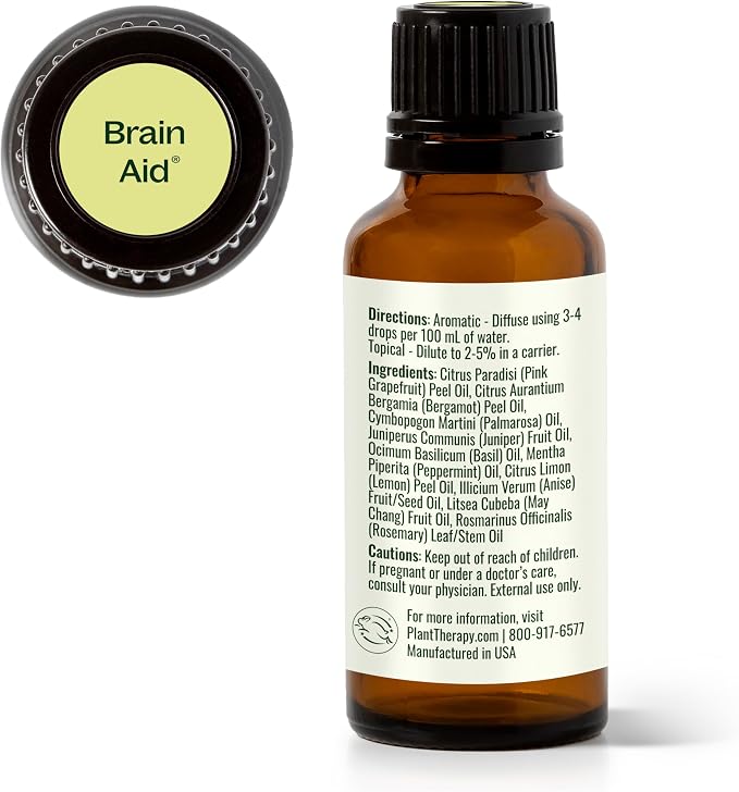Plant Therapy Brain Aid Essential Oil Blend 30 mL (1 oz), 100% Pure & Undiluted, Aromatherapy for Focus, Concentration & Mental Clarity