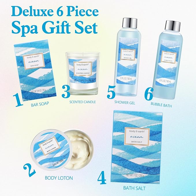 Bath and Body Gift Set for Women, Body & Earth Ocean Gift Basket, 7 Pcs Bath Sets for Women Gift with Bubble Bath, Body Lotion, Scented Candle, Spa Kit for Her, Mother's Day Gifts for Mom