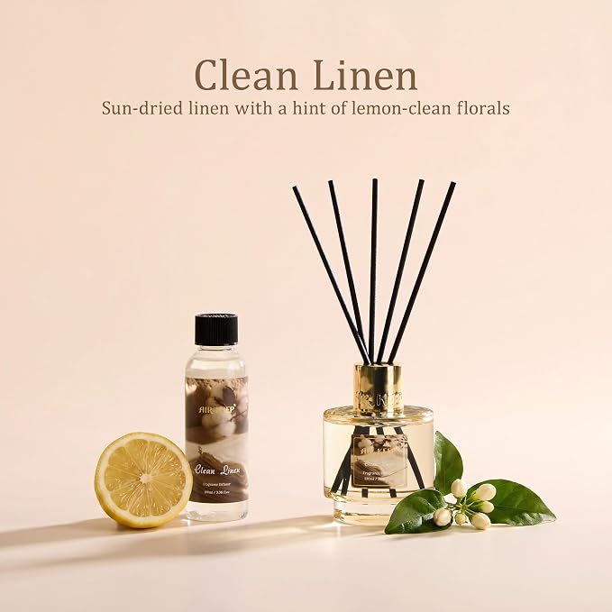 Airkeep Reed Diffuser Set with Refill & 8 Reed Sticks, 6.96 fl oz Clean Linen Home Fragrance, Long Lasting Aromatherapy Diffuser for Bedroom, Bathroom & Living Room