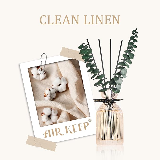 Airkeep Reed Diffuser Set 6.76 oz – Clean Linen Decorative Home Fragrance with Eucalyptus Sticks, Ribbed Glass Diffuser for Bathroom & Bedroom Décor, Gift Ready