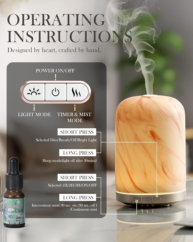 Essential Oil Diffuser - 2.4MHz Ultrasonic Ceramic Diffuser with Pulse/Continuous Mist & Night Light, Waterless Auto-Off, Silent Aromatherapy Diffuser for Home, Office, Yoga, Spa, Gifts & Home Decor.