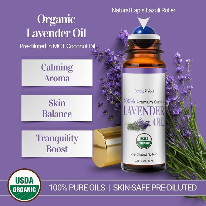 Lavender Essential Oil Roll On for Sleep Anxiety Stress Relief - 100% Pure USDA Organic Pre-Diluted MCT Coconut Oil - Calming Relaxing Bedtime Aromatherapy Yoga - Gemstone Roller 10ml Travel Size