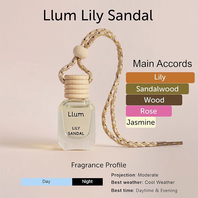 Llum Lily Sandal Hanging Car Air Freshener – Luxury Automotive Perfume Diffuser 10ml (0.34 fl oz), Long-Lasting Fragrance, Alcohol-Free Non-Toxic Car Scent, Glass Bottle With Wood Cap