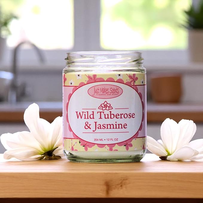 Wild Tuberose & Jasmine Scented Blended Soy Candle by Just Makes Scents (12 oz)