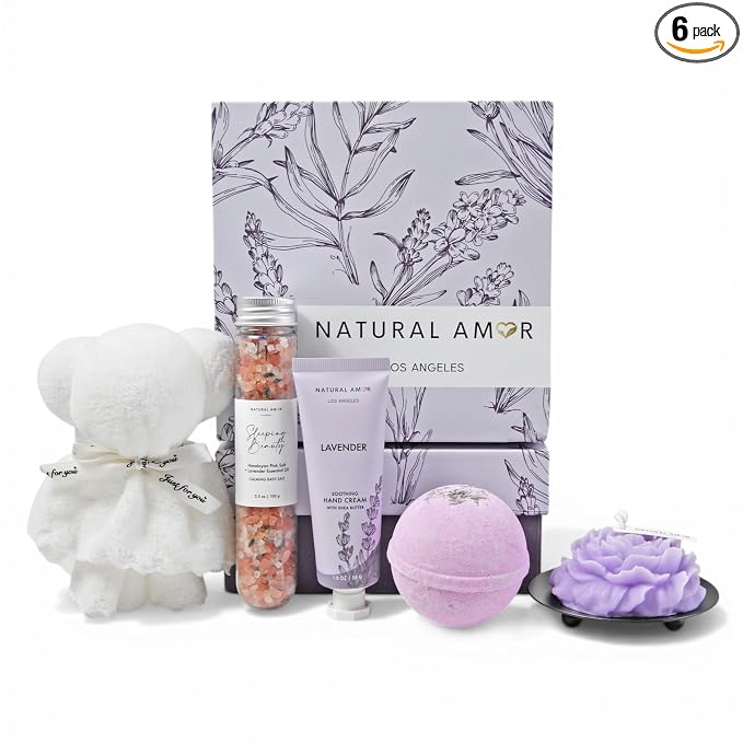 Natural Amor Lavender Spa Gift Set for Women – 6PCS Bath Gift Basket with Hand Cream, Bath Salts, Bath Bomb, Candle – Relaxing Self Care Gifts for Birthday, Mother’s Day