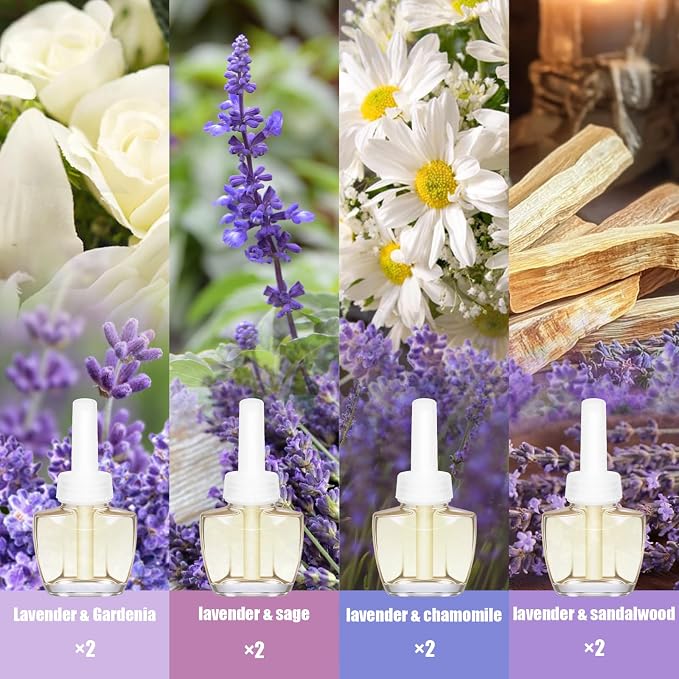 Plug-In Air Freshener Refills 8-Pack – Summer Scent for Sleep, Infused Lavender Essential Oil with Gardenia, Sage, Chamomile, Sandalwood, Compatible with Air Wick & Glade