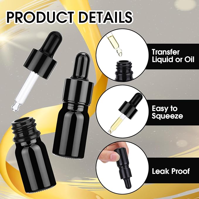 Patelai 48 Pcs 5 ml/ 0.2 oz Frosted Glass Dropper Bottles Essential Oil Bottles with Eye Dropper and Bamboo Lids Perfume Sample Essence Liquid Cosmetic Containers and Funnels (Black)