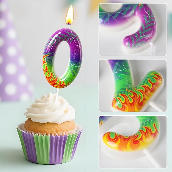 Number 10 Birthday Candle for Cake – Purple Green Flame Design with Lightning & Tire Track Pattern – Off-Road Truck Theme Cake Topper for Birthday Party Decoration