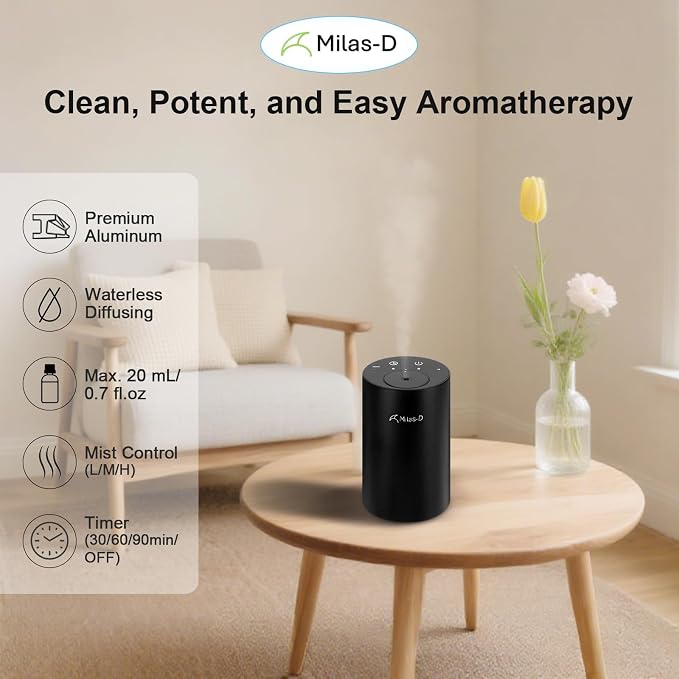 Waterless Essential Oil Diffuser, Battery Operated Nebulizer with 3-Timers & 3 Mist Levels, 0.7 fl.oz./20ml, Mini Scent Air Machine, Home Car Office Studio, Portable & Rechargeable, Milas-D, Black